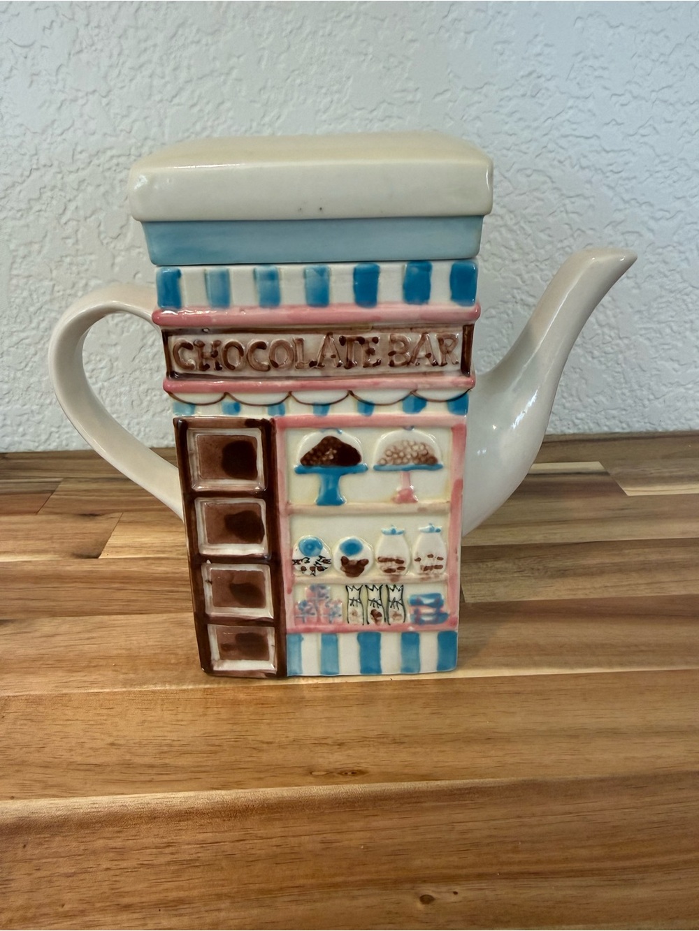 Whimsical Chocolate Bar Teapot - Cream, Blue, Pink Accents